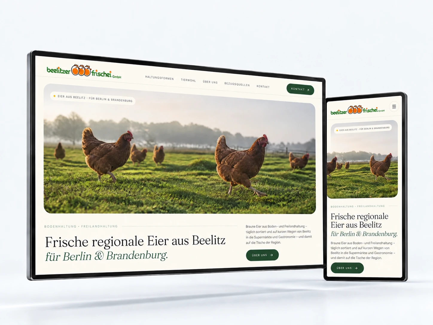 Beelitzer Frischei: Webdesign & Entwicklung, präsentiert als räumliches Geräte-Mockup