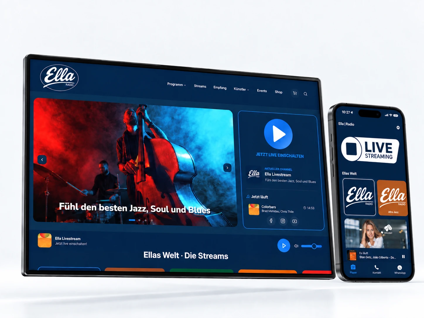 Ella Radio: Website & Radio-App, präsentiert als räumliches Geräte-Mockup
