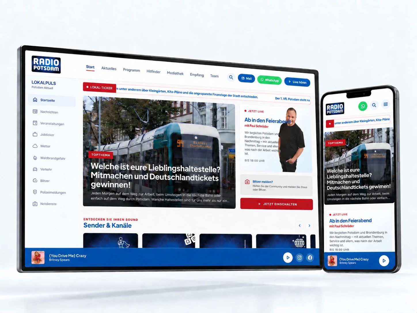 Radio Potsdam: Website & App, präsentiert als räumliches Geräte-Mockup