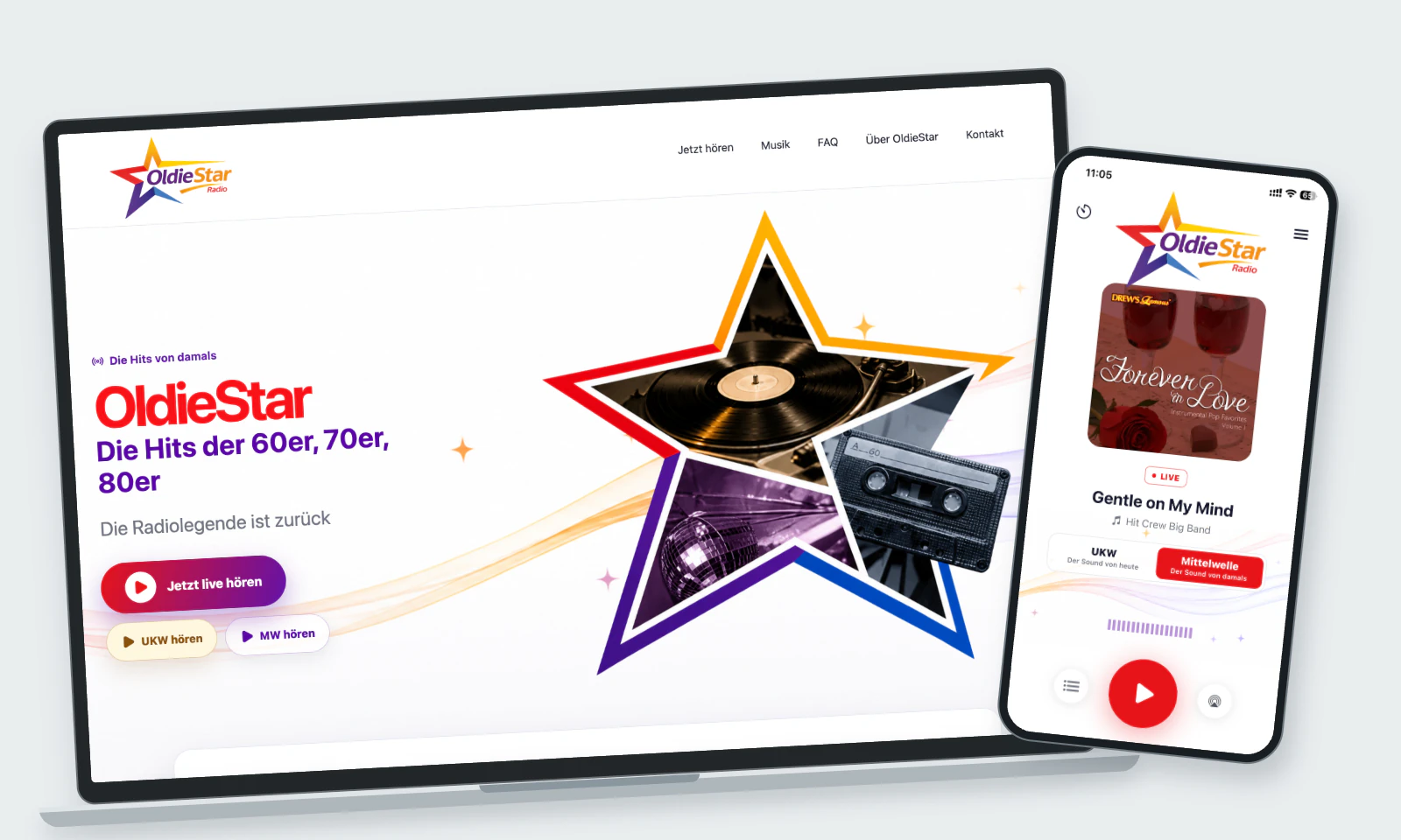 OldieStar Radio: Webdesign / App-Entwicklung / Cloud-Playout