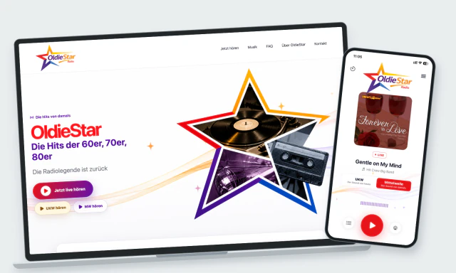 OldieStar Radio: Webdesign, App-Entwicklung, Cloud-Playout